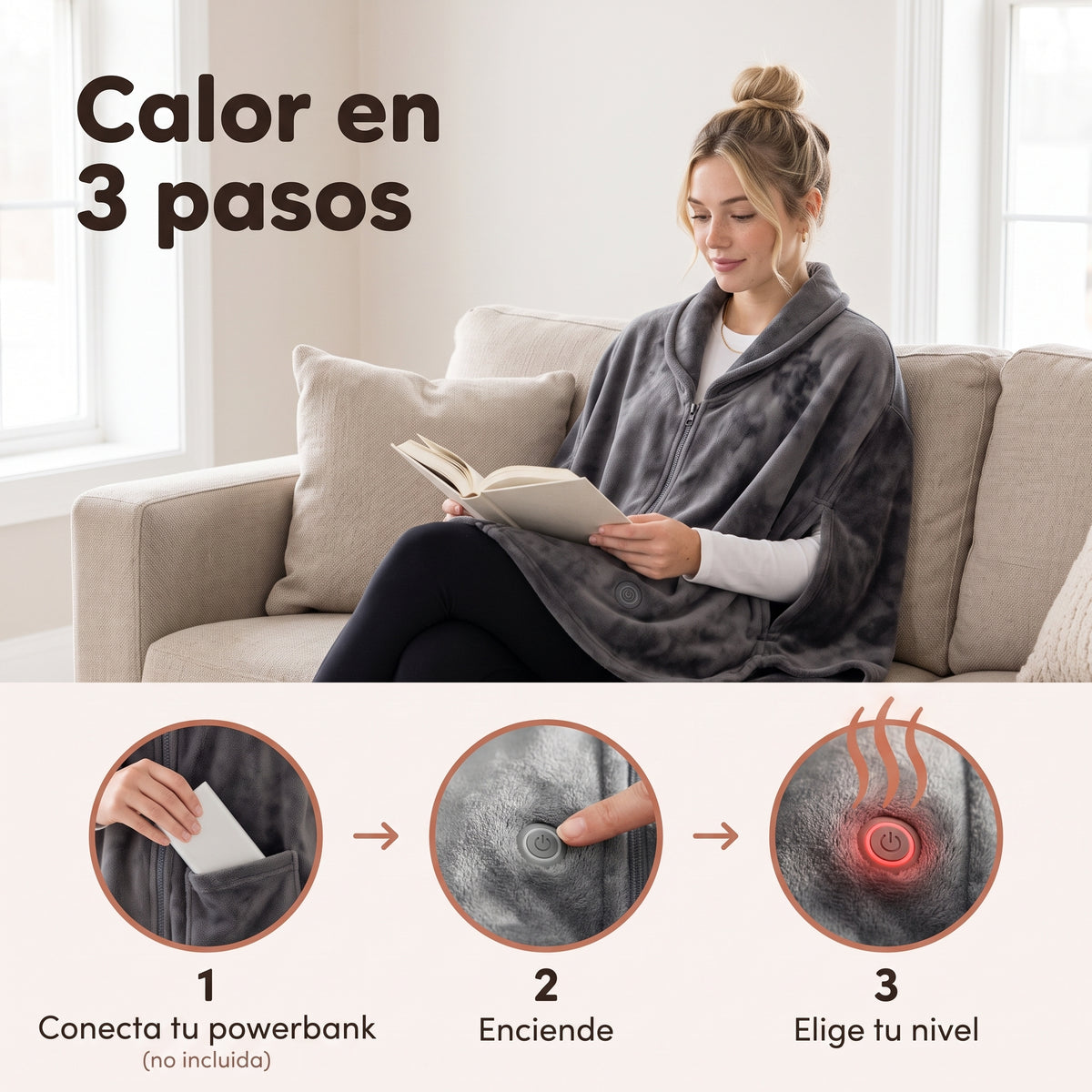 Calor en 3 pasos: conecta tu powerbank, enciende y elige tu nivel